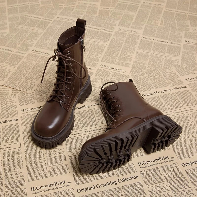 （万达撤柜）英伦风马丁靴子女2024新款爆款棕色厚底小短靴秋季单靴