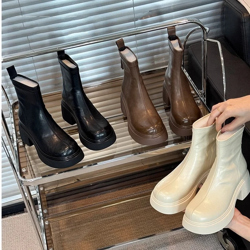 （万达撤柜）厚底瘦瘦靴女百搭韩系2024冬季新款短靴复古女靴马丁靴