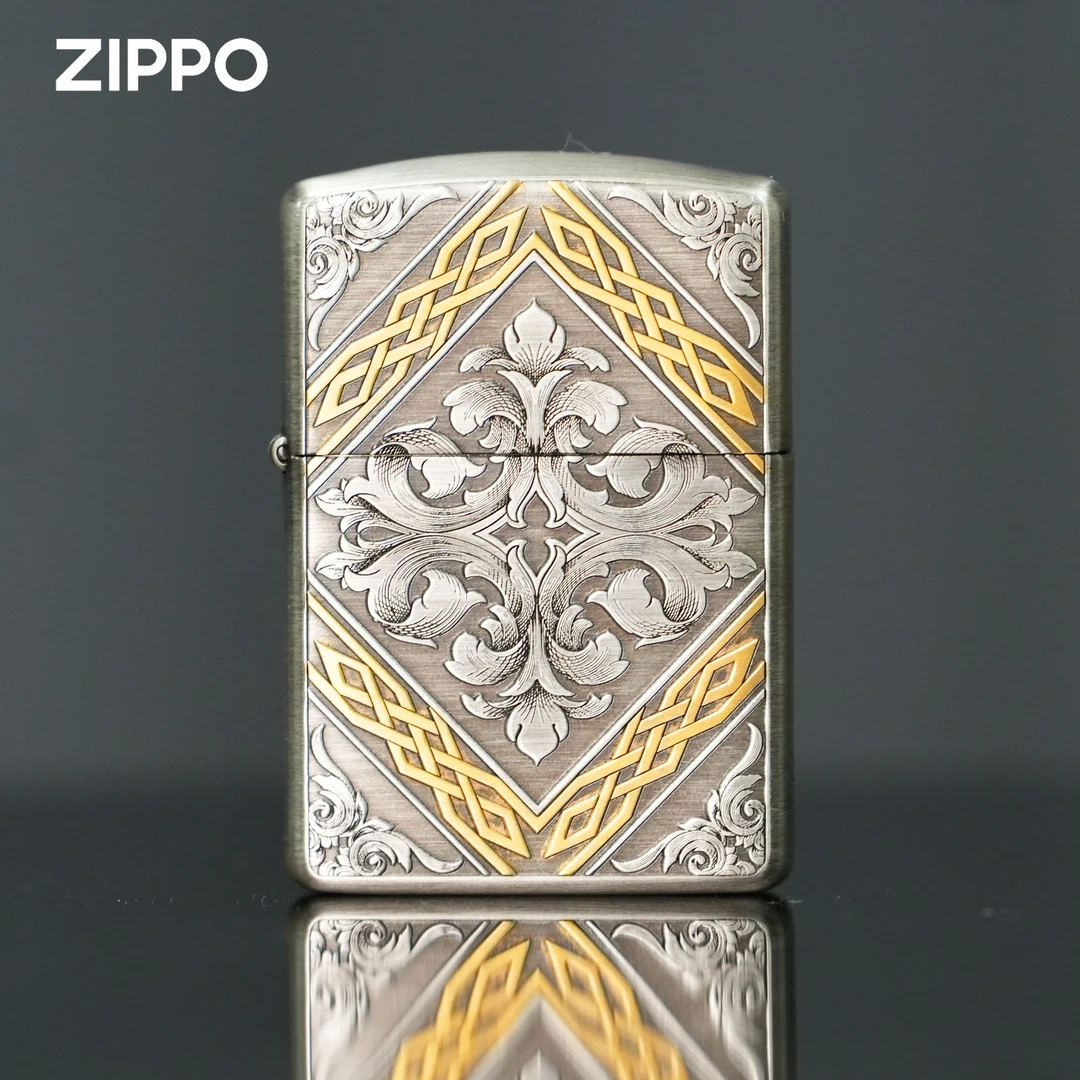 ZIPPO鎏金岁月正品打火机盔甲镀银熏银唐草男双面银DY9910DK