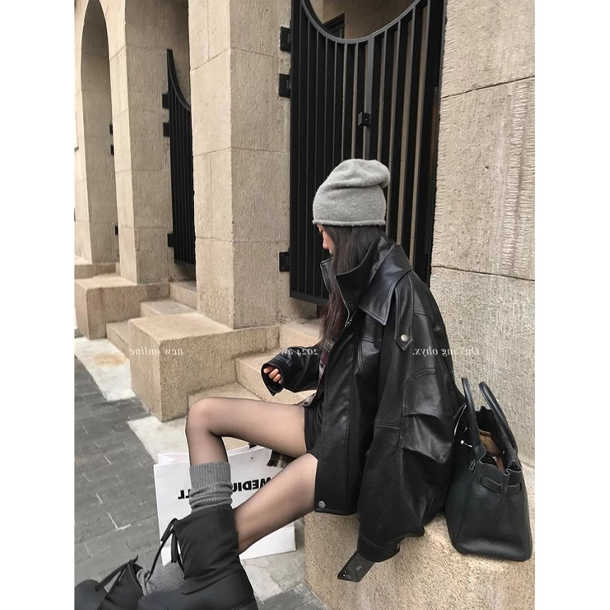 翻领黑色皮衣外套女秋季宽松美式复古高级感机车夹克上衣