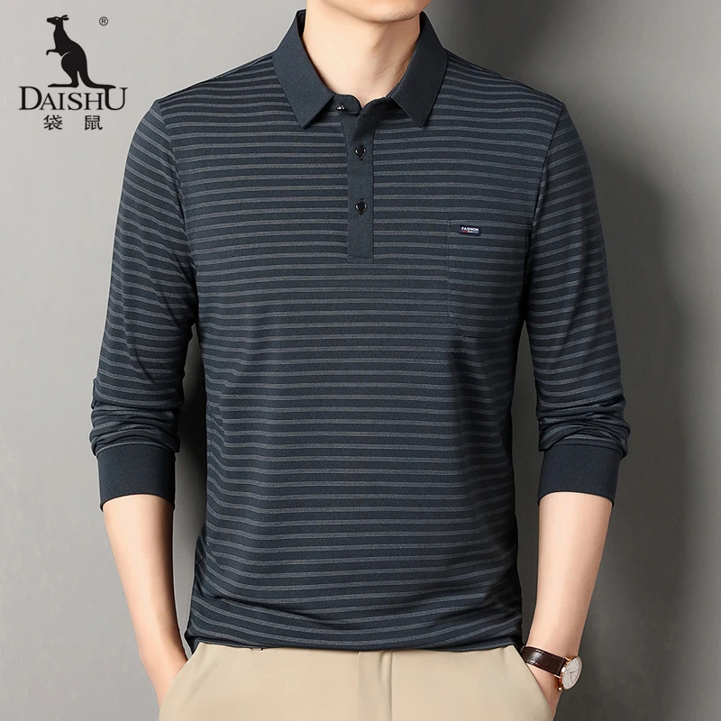 Dai Shu/袋鼠秋冬季翻领长袖T恤宽松商务中年条纹真口袋POLO衫