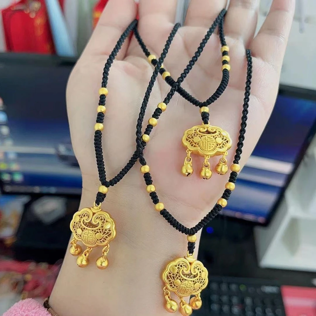 铜合金布艺吊坠 如意长命锁平安锁项链吊坠古法黄金色锁包镂空女