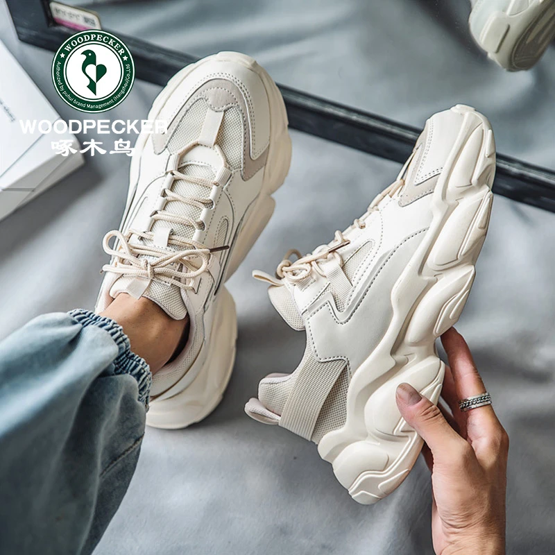【正品】啄木鸟男鞋夏季网面秋季运动休闲鞋男款厚底增高跑步老爹鞋