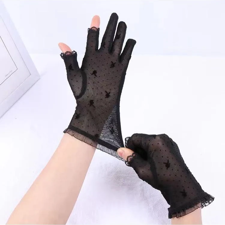 蕾丝镂空触摸露指手套