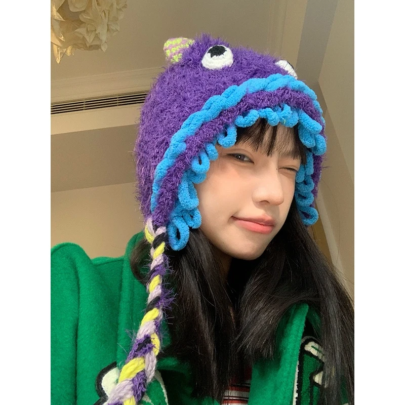 可爱小怪兽帽子女秋冬季大头围保暖毛绒手工护耳针织毛线帽雷锋帽