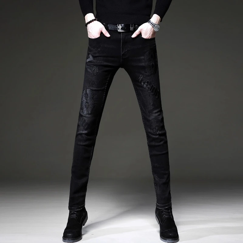 【臣吾】 男装牛仔裤2023春秋新款高端时尚印花修身小脚长裤774