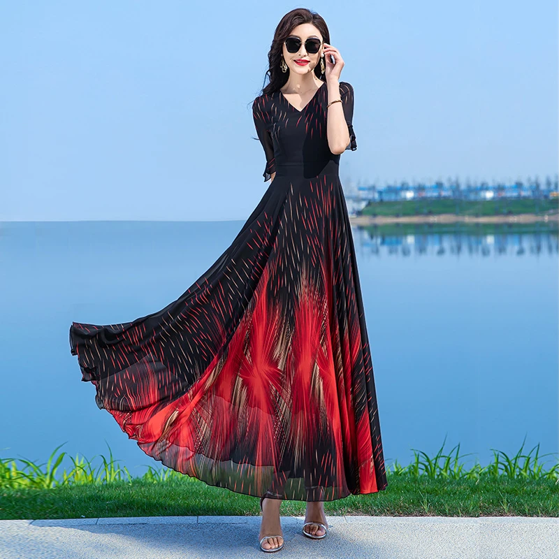 香衣丽华夏V领套头高腰雪纺印花大摆连衣裙修身显瘦气质度假长裙