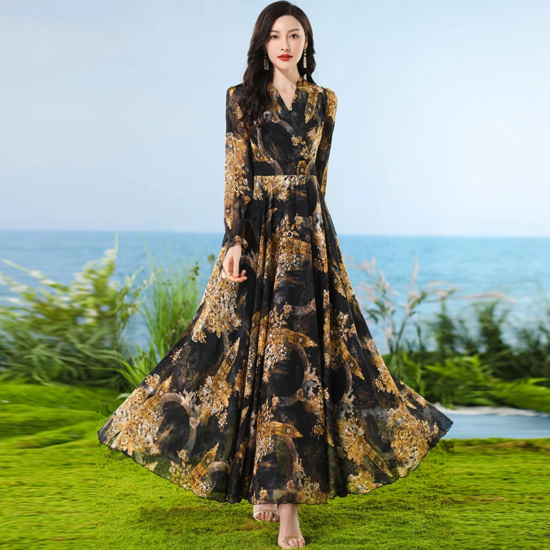 香衣丽华春季新款V领长袖花色套头中腰通勤大摆裙修身度假风长裙