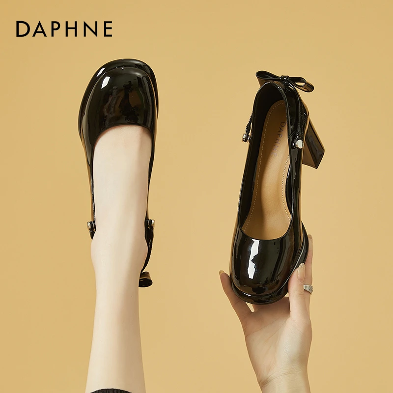 达芙妮高跟玛丽珍鞋女鞋春季2025年新款粗跟蝴蝶结单鞋黑色高跟鞋