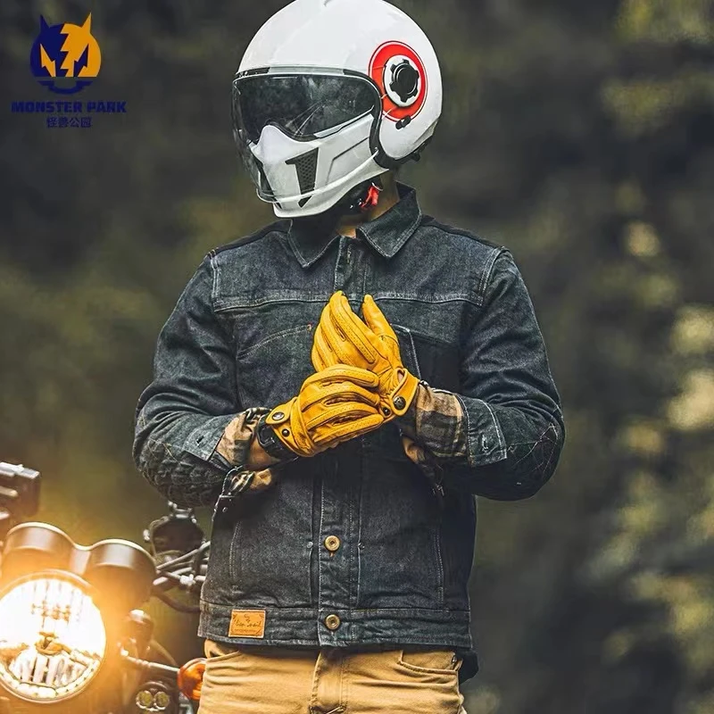 怪兽公园摩托车复古手套男机车真皮防摔哈雷骑行手套春夏透气女