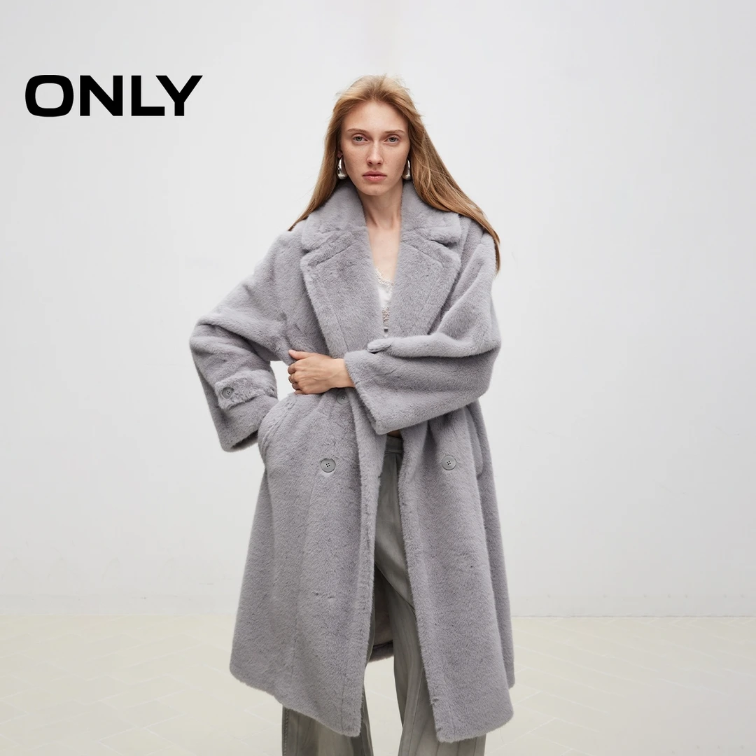 【丽公主专属】ONLY简约纯色翻领双排扣长款棉服外套女士|124322006