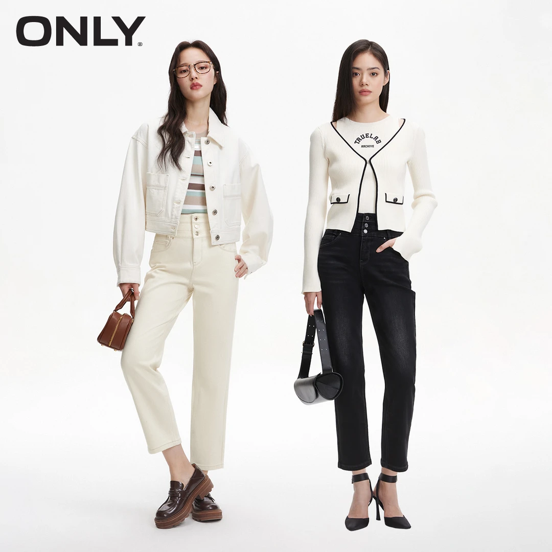 ONLY2024秋季新款时尚通勤加绒高腰九分直筒牛仔裤女装|124149041