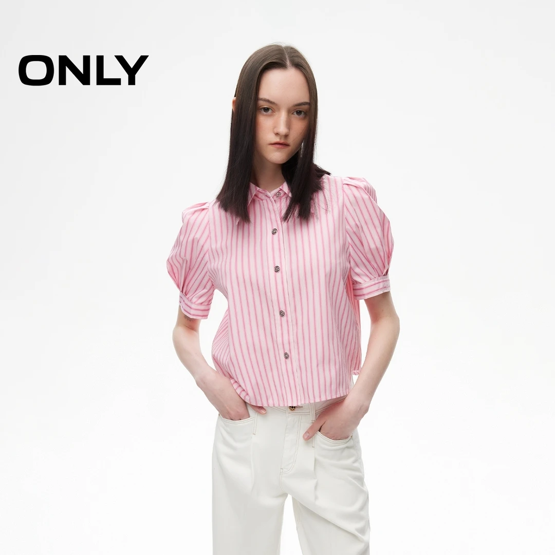 ONLY夏季休闲条纹刺绣泡泡袖正肩衬衫酷飒风女装高级感|124205017