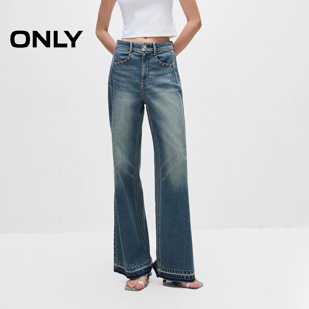 ONLY秋季显瘦高腰重工镶钻毛边喇叭裤牛仔裤女休闲百搭|124332017