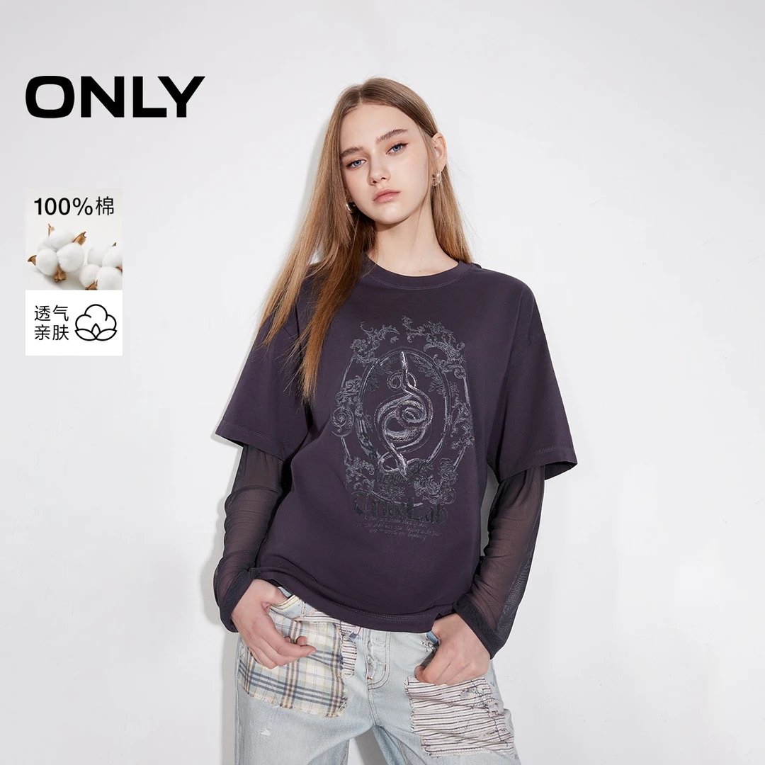 ONLY冬季”假两件“拼接圆领落肩T恤女老钱风松弛感女装|125102006