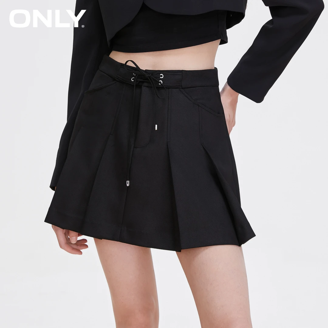 ONLY秋季新款休闲百搭时尚风系带短款A字百褶半身裙女|12316S004