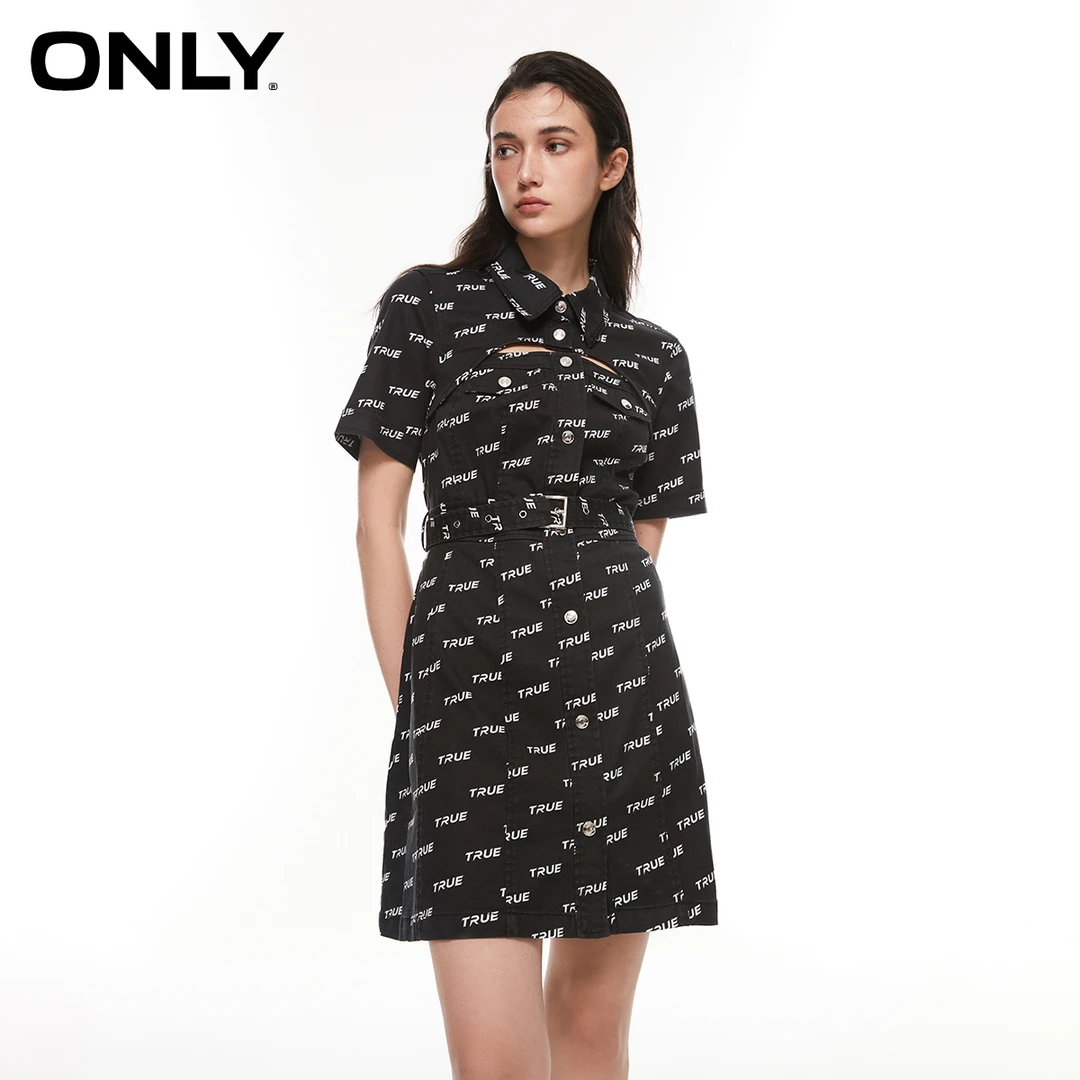 ONLY秋季新款潮酷气质字母满印镂空高腰A字短款连衣裙|123207110