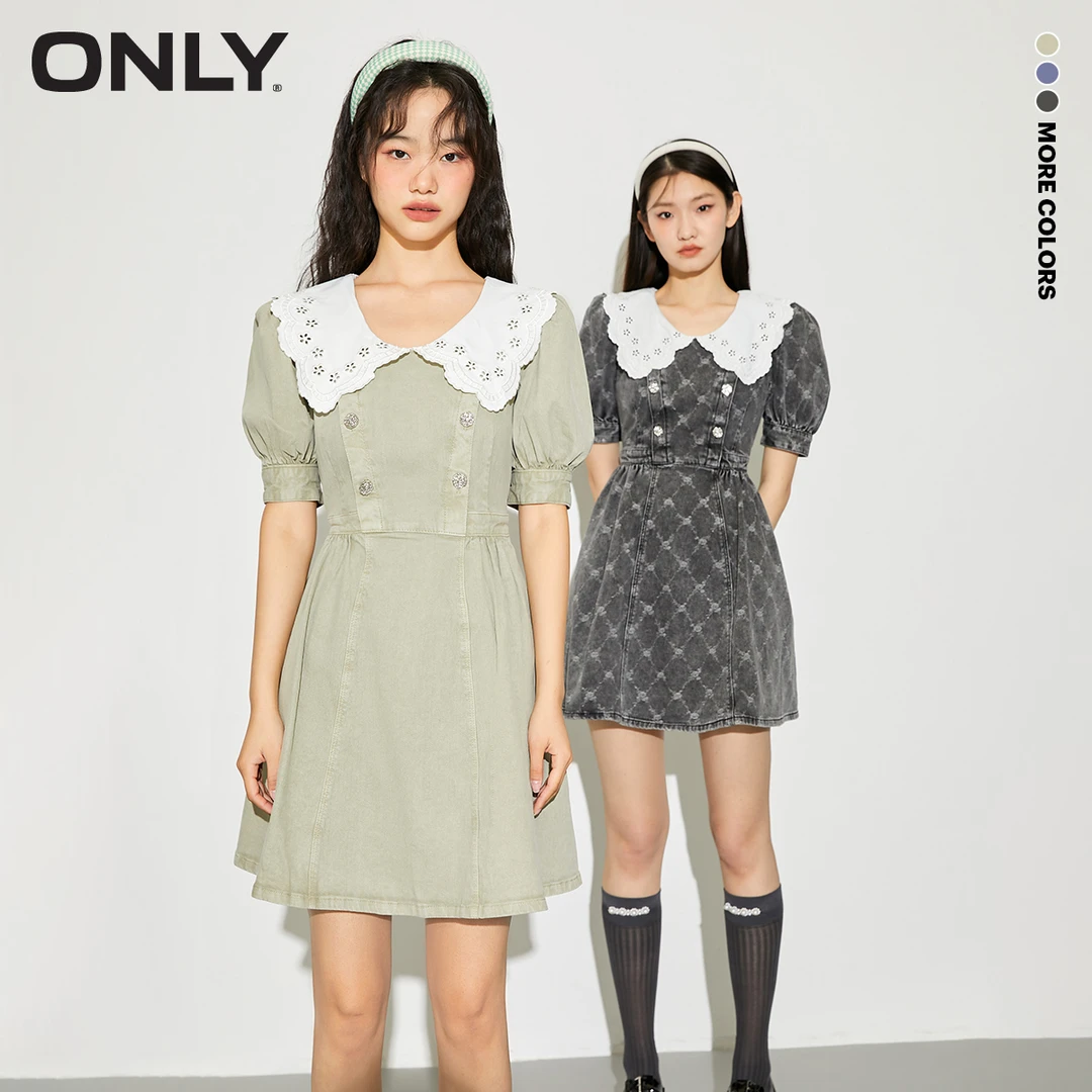 ONLY秋季新款轻奢小众甜美娃娃领泡泡袖A字牛仔连衣裙女122242063