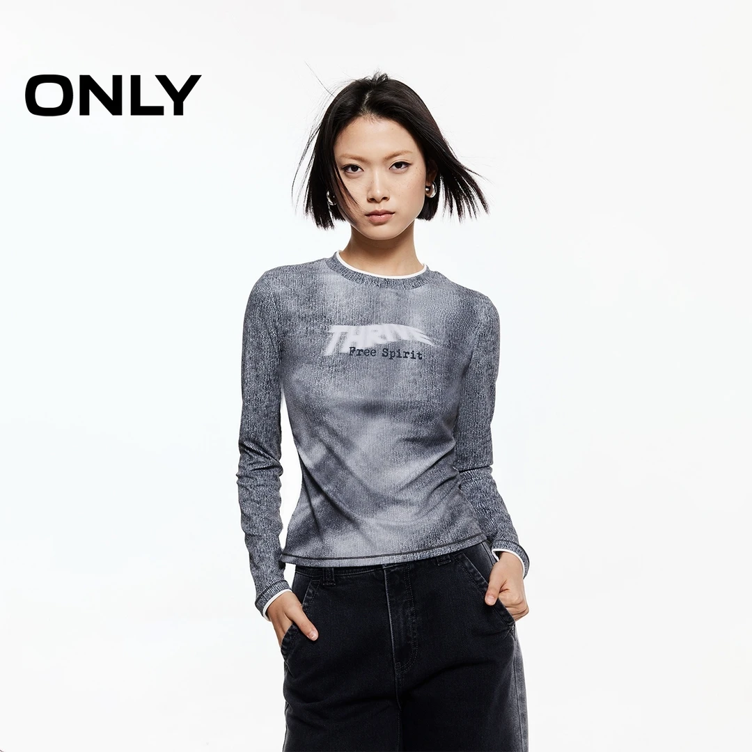 ONLY秋季”3D满印“修身显瘦长袖T恤女酷飒风女装高级感|125102010