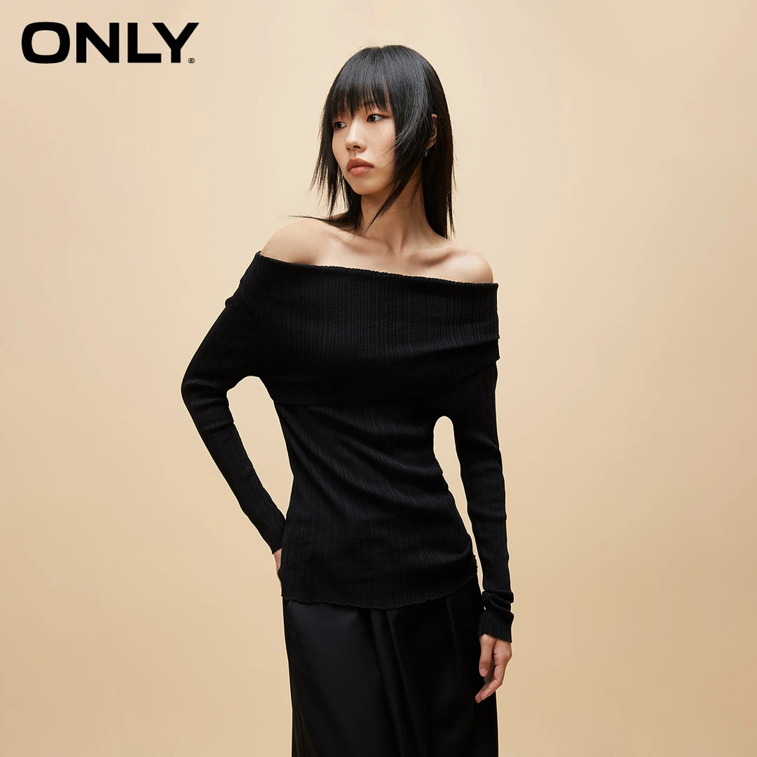 ONLY秋冬新款时尚百搭显瘦气质修身一字领长袖针织衫女|123424023