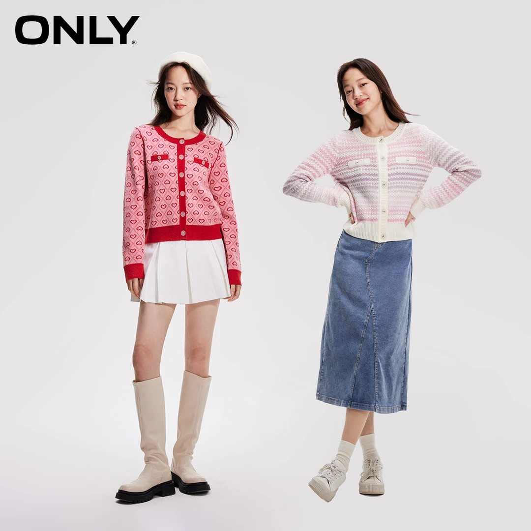 ONLY秋冬新款甜美小香风撞色条纹圆领短款长袖针织衫女|12343B002