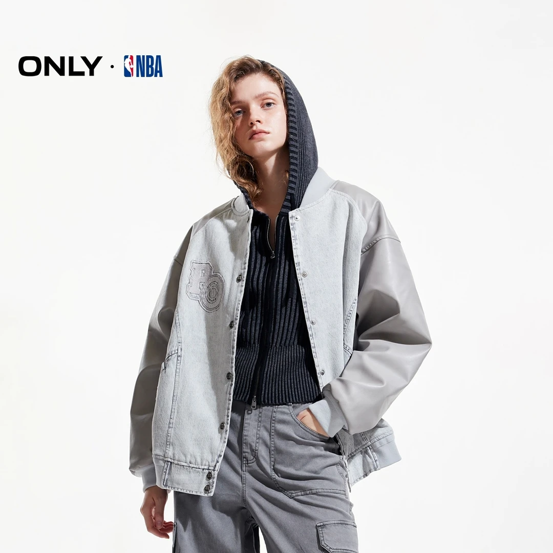ONLY2024冬季新款NBA联名款PU拼接宽松牛仔夹克外套女|12440B001