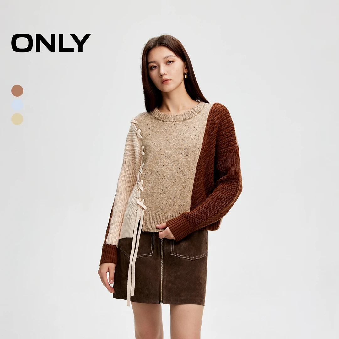 ONLY秋冬撞色圆领绑带长袖针织衫女酷飒风女装高级感|124413007