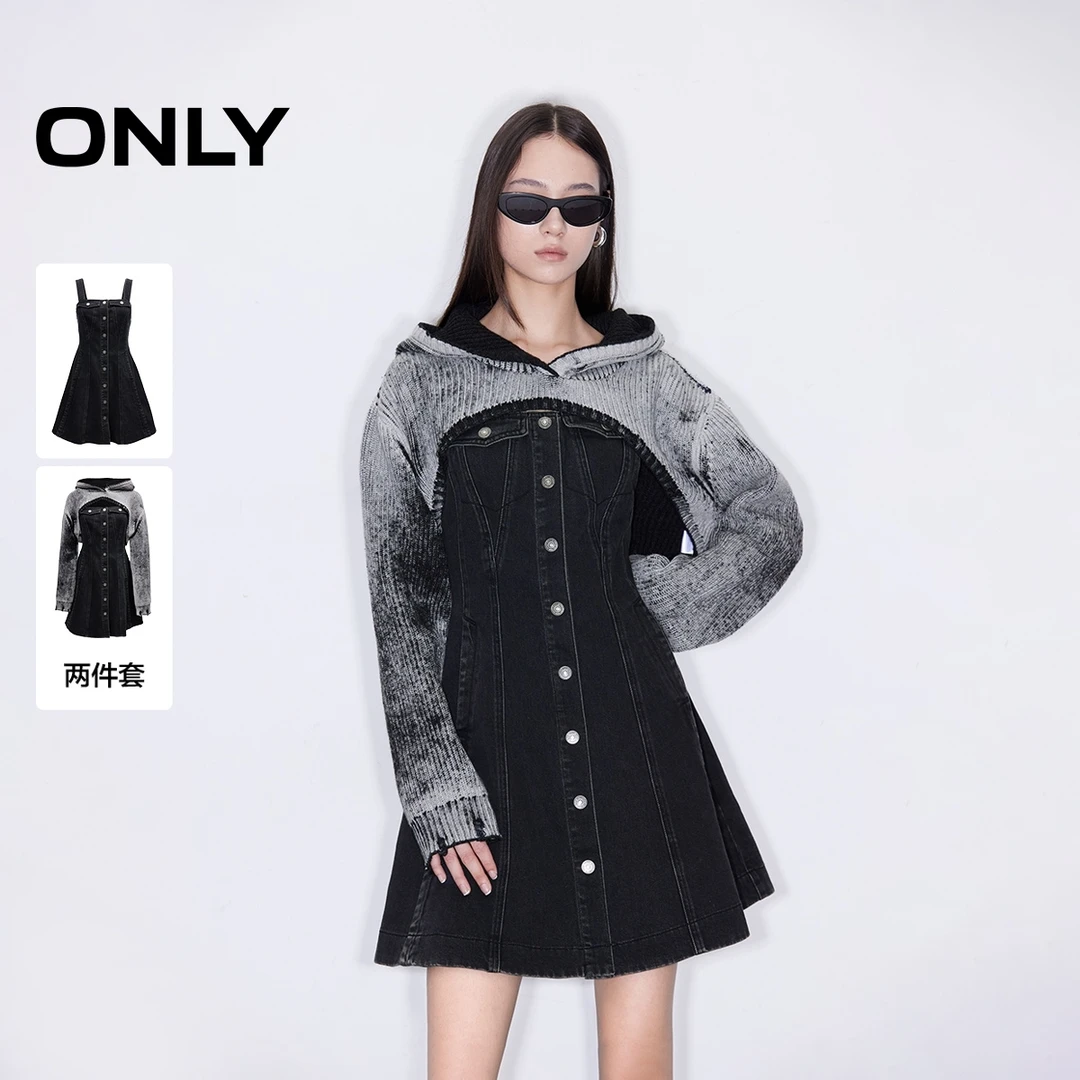 ONLY冬季设计感牛仔吊带短裙针织套装连衣裙女老钱风|124442001