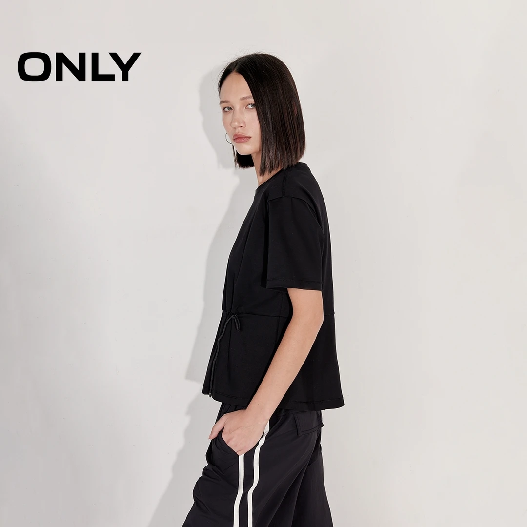 ONLY夏季设计感纯棉宽松纯色短袖T恤女老钱风松弛感|125101055