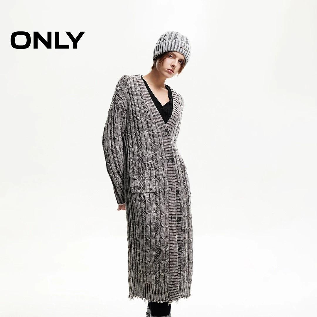 ONLY秋冬休闲做旧长款毛衣开衫针织衫酷飒风女装高级感|12443B003