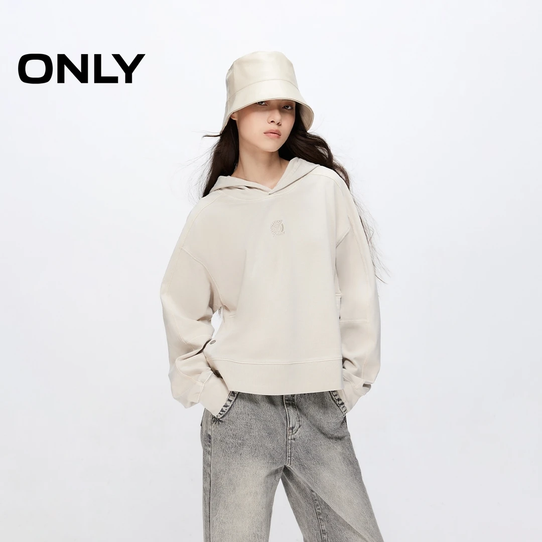 ONLY春夏休闲“刺绣LOGO”纯棉连帽卫衣女老钱风松弛感|12439S035