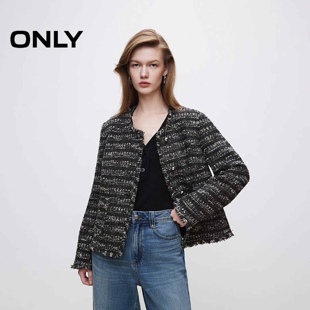 ONLY2024秋季新款时髦潮流毛边亮片小香风长袖外套女装|124308003