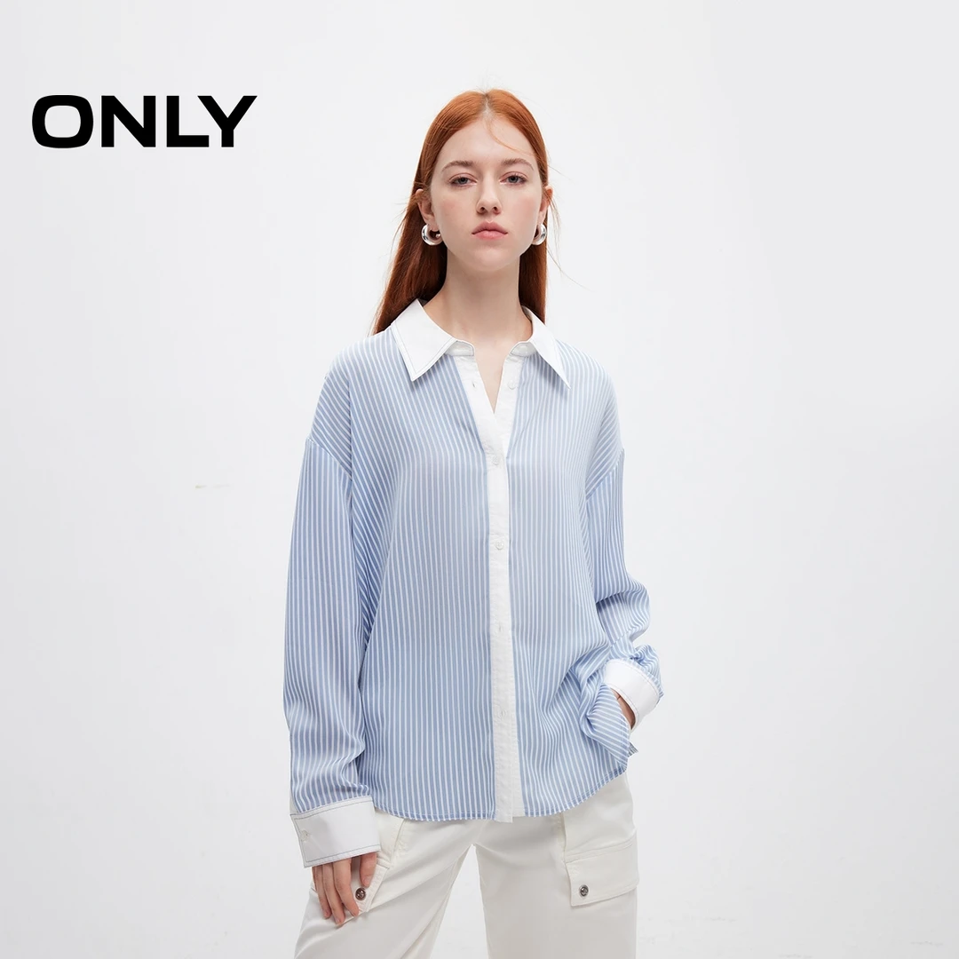 ONLY春游出行新品时尚通勤风宽松落肩翻领长袖衬衫女|125105021