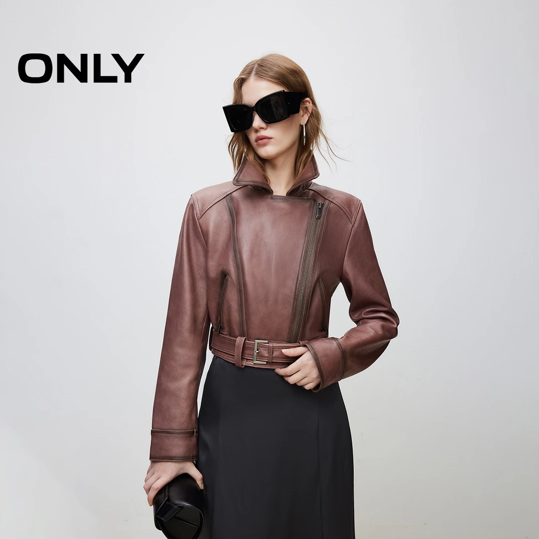 ONLY2025春游出行小众休闲时尚做旧质感短款长袖皮衣女|124310007