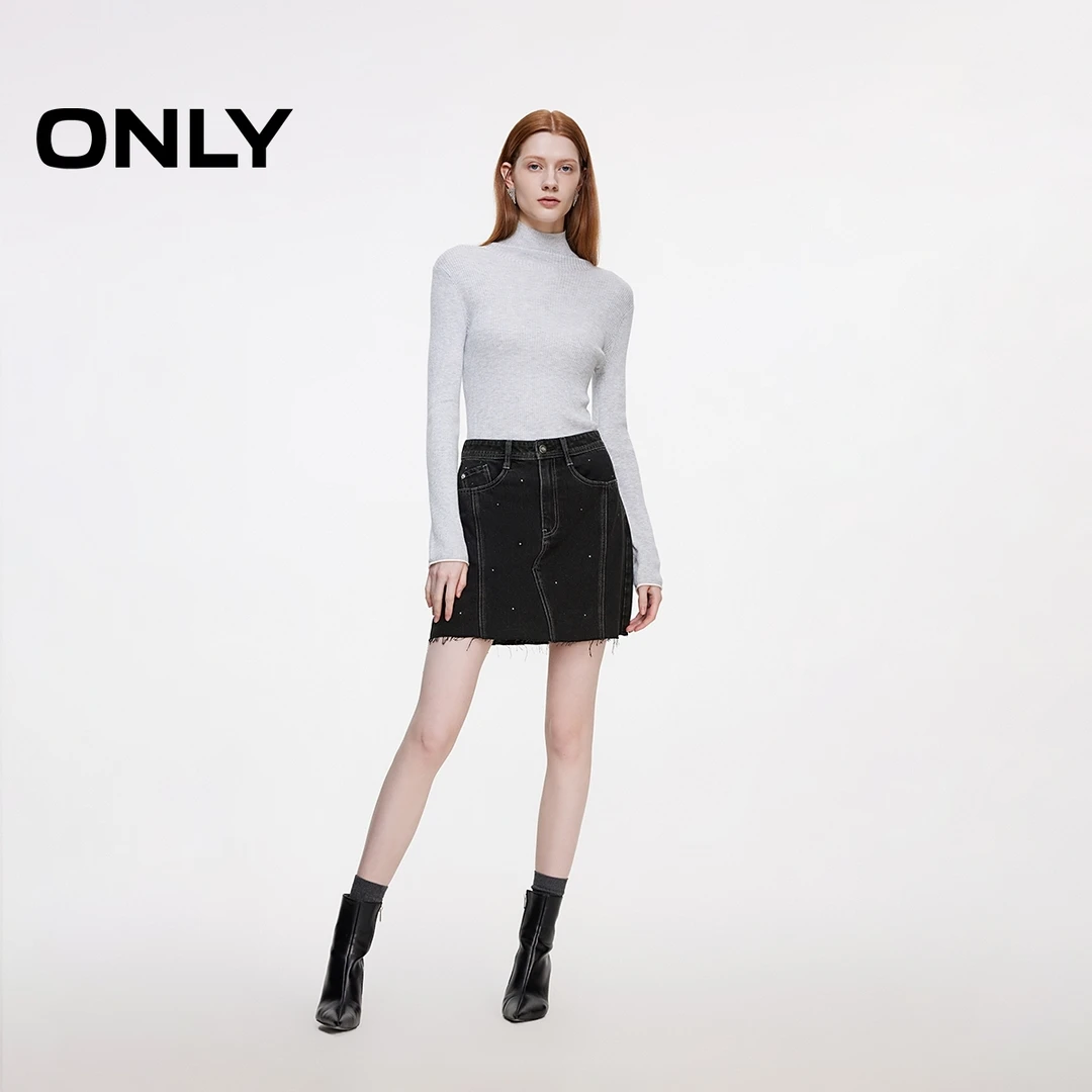 ONLY夏季烫钻毛边A字高腰短裙牛仔半身裙女老钱风松弛感124337005
