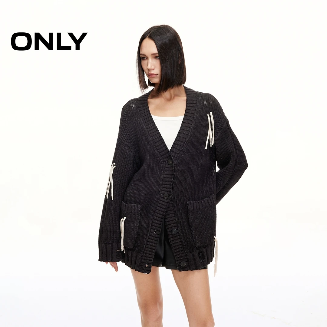 ONLY秋季撞色飘带宽松毛衣开衫针织衫女老钱风松弛感|12513B013