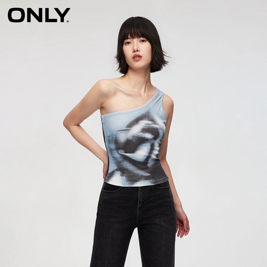 ONLY2024秋季新款时尚设计感印花修身无袖单肩T恤女|124103004