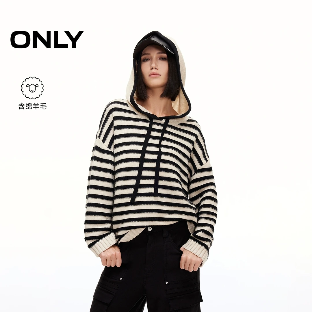ONLY秋季条纹宽松落肩连帽针织衫女酷飒风女装高级感|125113024