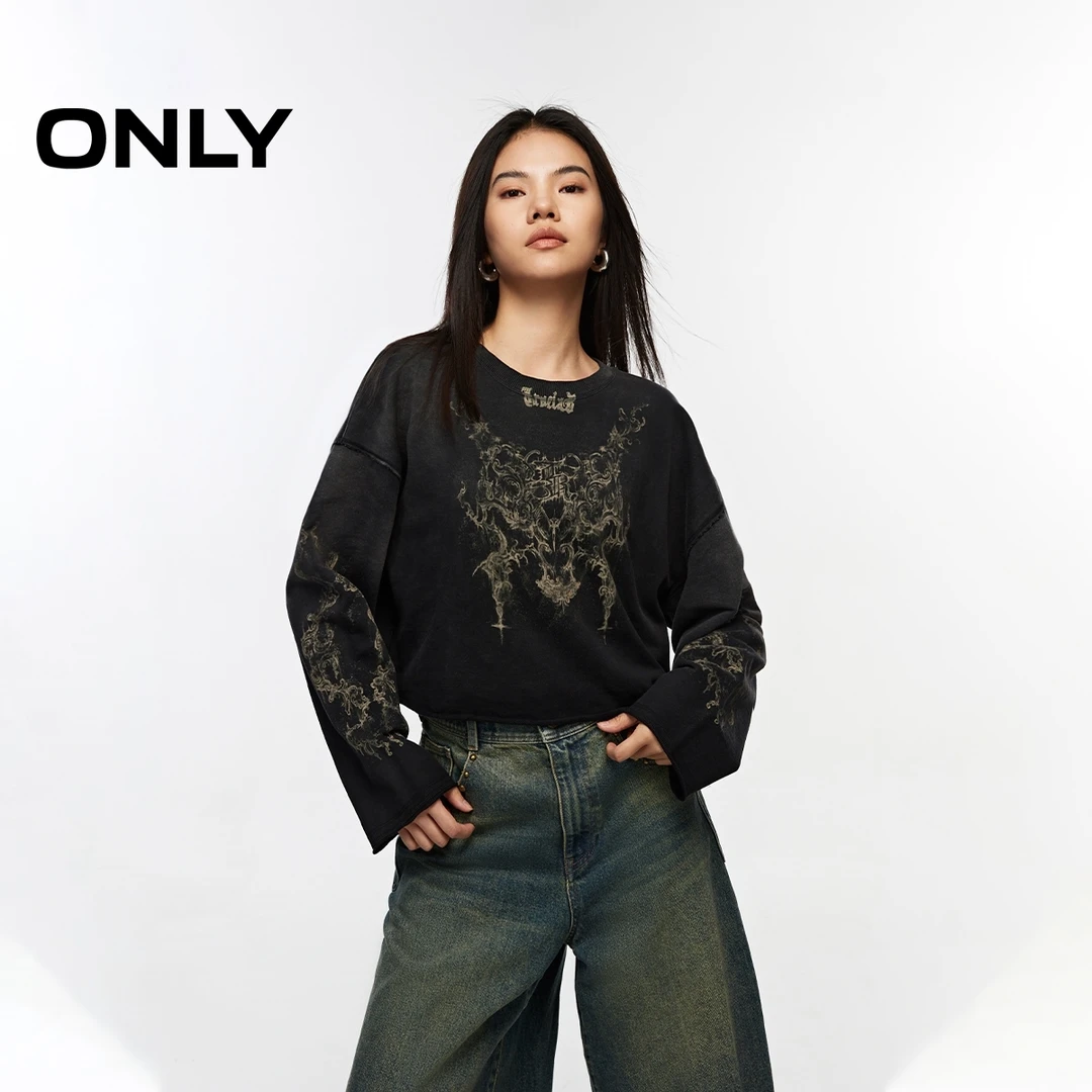 ONLY秋季复古做旧数码印花落肩卫衣女酷飒风女装高级感|12439S014