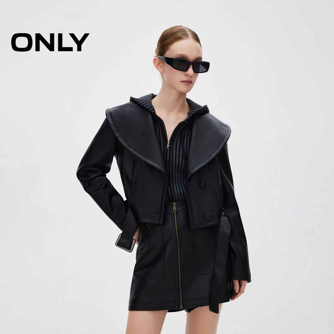 ONLY秋季气质海军领显瘦PU短款夹克外套女老钱风松弛感|1251PU003
