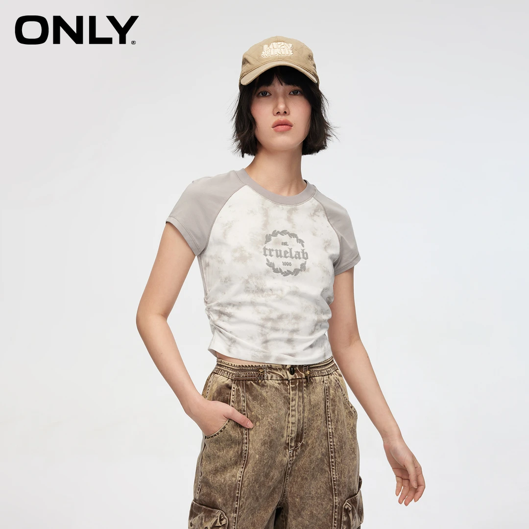 ONLY2024秋季新款轻奢小众修身显瘦圆领抽褶印花T恤女|124201017