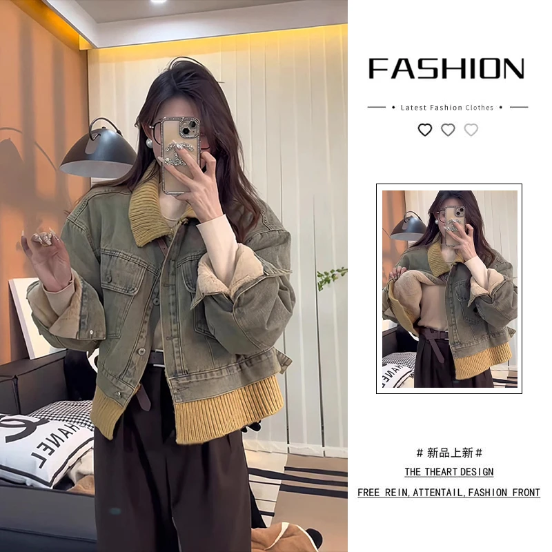 复古短款加绒加厚拼接牛仔外套女秋冬新款宽松设计感时尚上衣女装