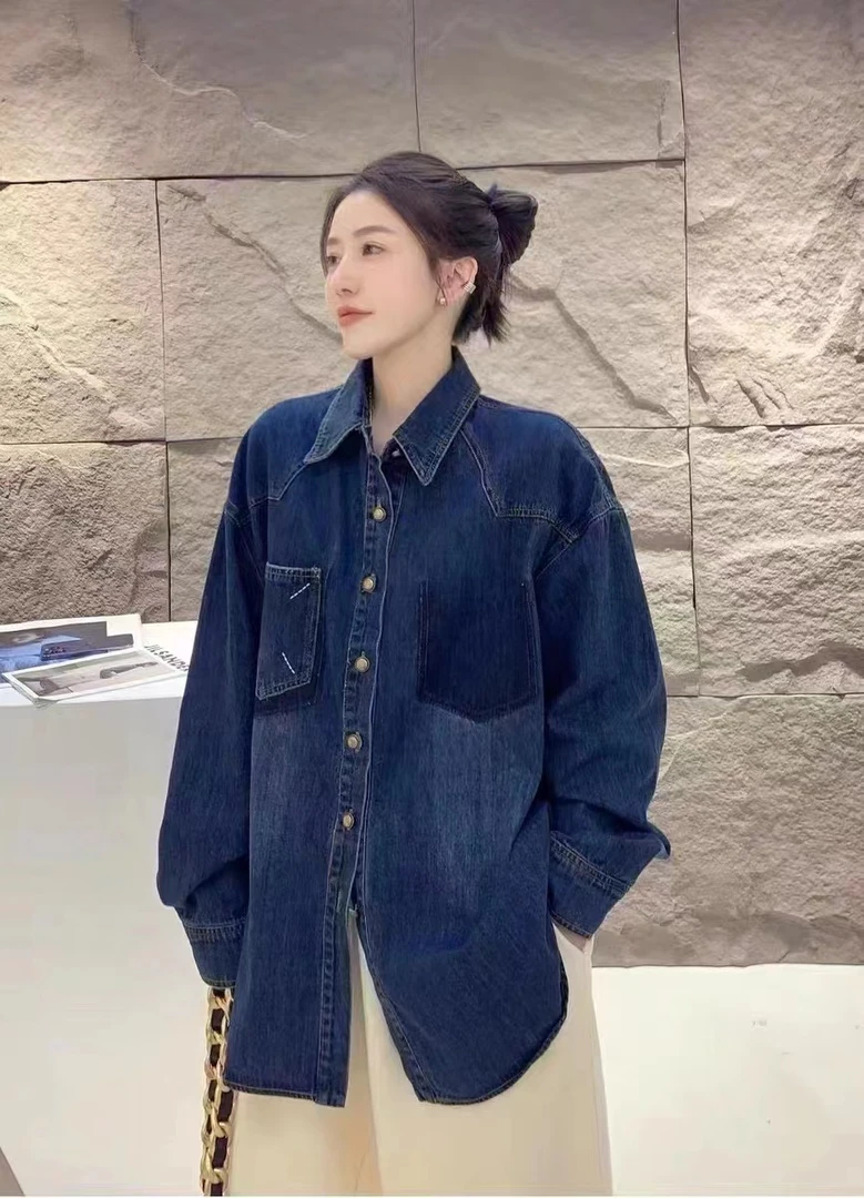 秋冬季韩版时尚休闲宽松洋气百搭加绒水洗加绒加厚牛仔潮流衬衫