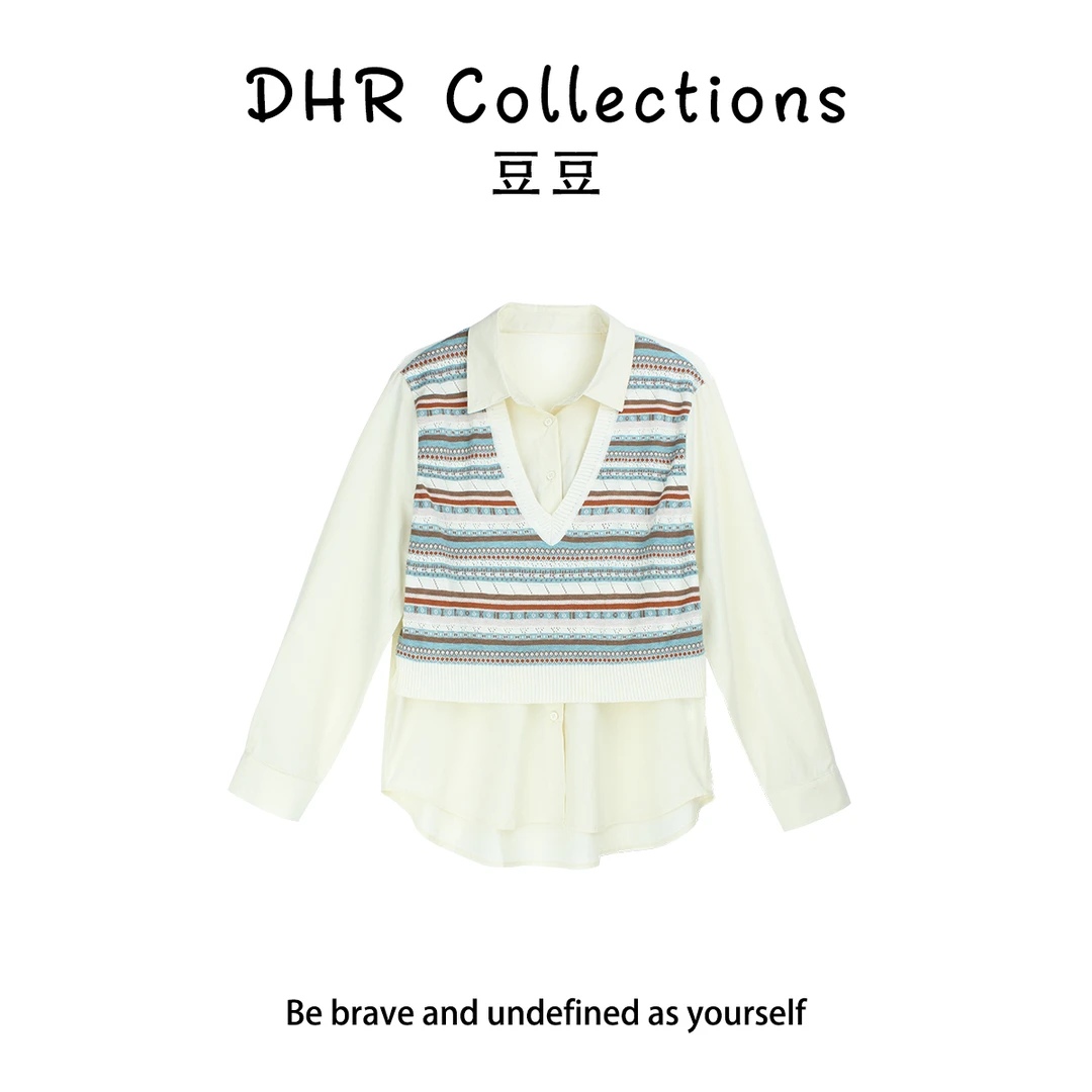 DHR COLLECTTIONS豆豆【撞色】复古叠穿假两件马甲针织衬衫女-D6152