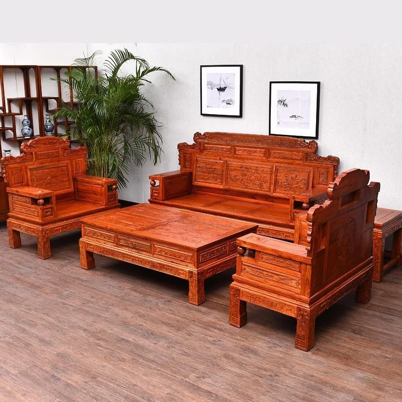 2025新款中式仿古实木沙发组合榆木雕花仿古家具客厅财源沙发古典