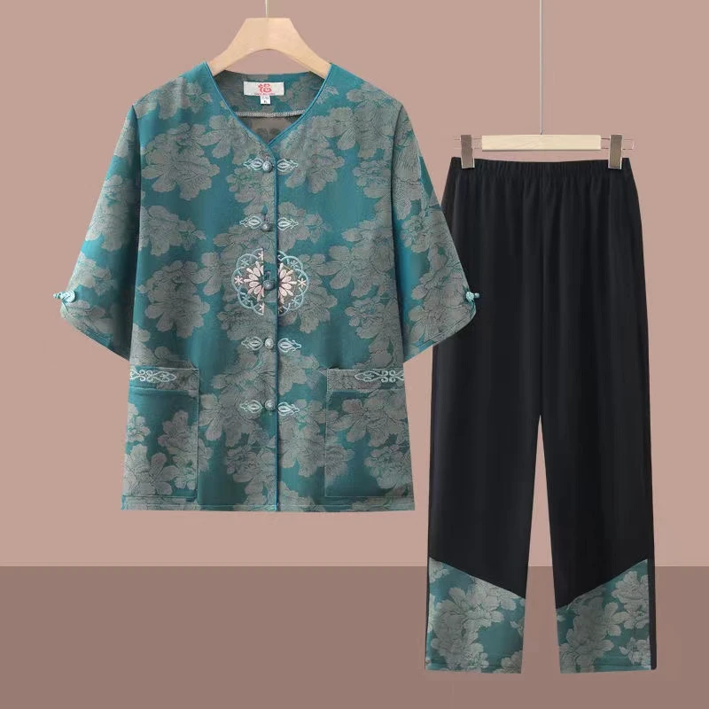 老年人夏季女装奶奶套装老太太中式唐装衬衫母亲节妈妈洋气两件套