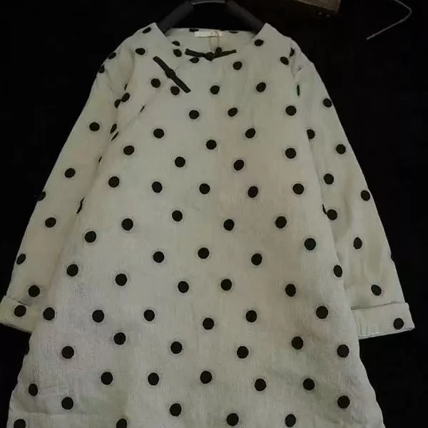 冬季复古新中式亚麻刺绣波点改良旗袍裙素雅印花 夹棉衣