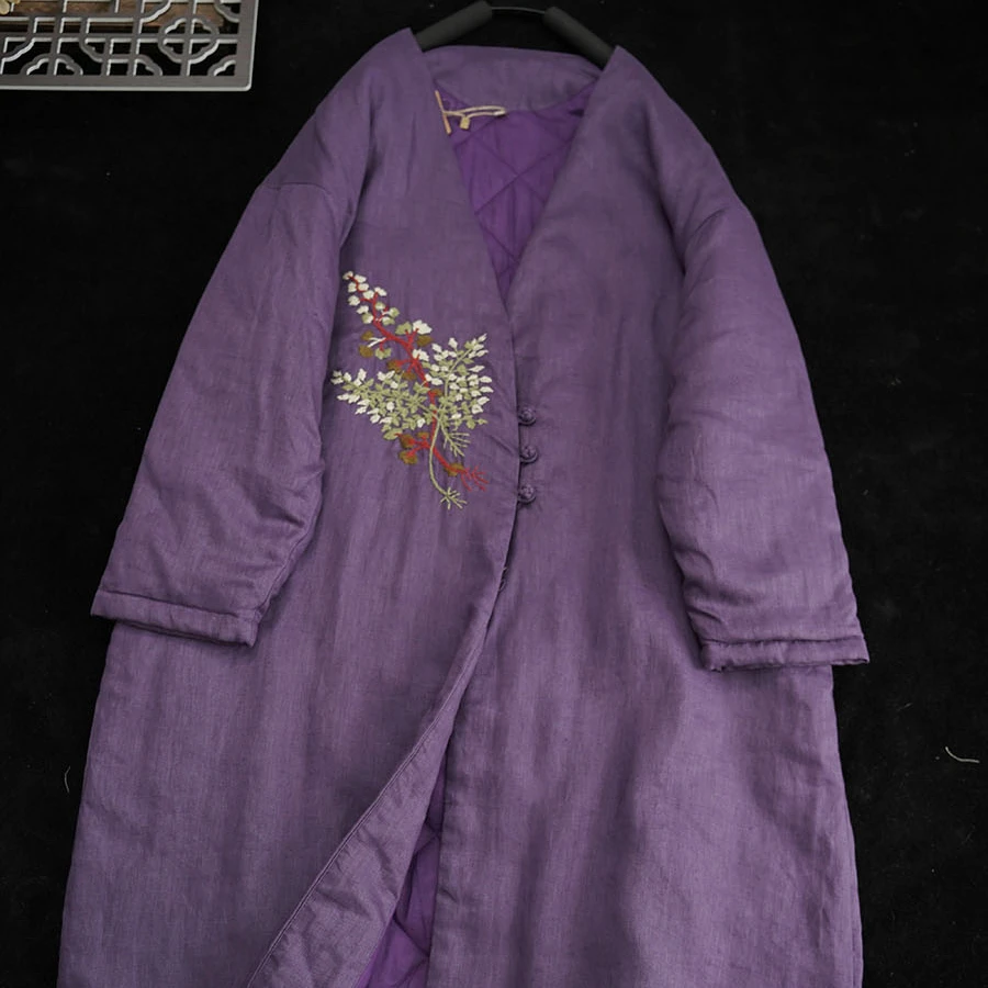 秋冬新中式亚麻刺绣棉衣 夹棉长款宽松棉服外套棉袄