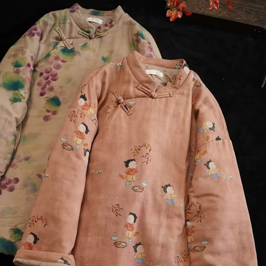 冬季新款 斜纹棉麻立领斜襟盘扣全开中长款夹棉旗袍