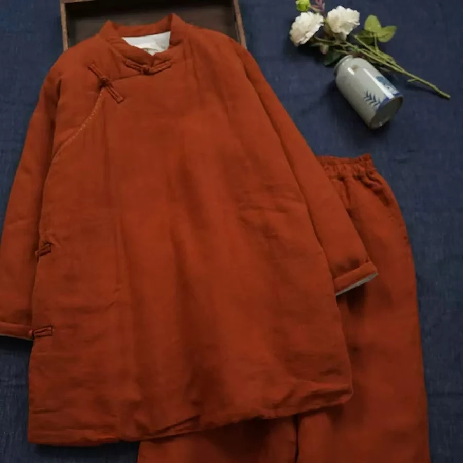 冬季夹棉亚麻文艺复古立领绣线棉衣中长款棉服加直筒裤